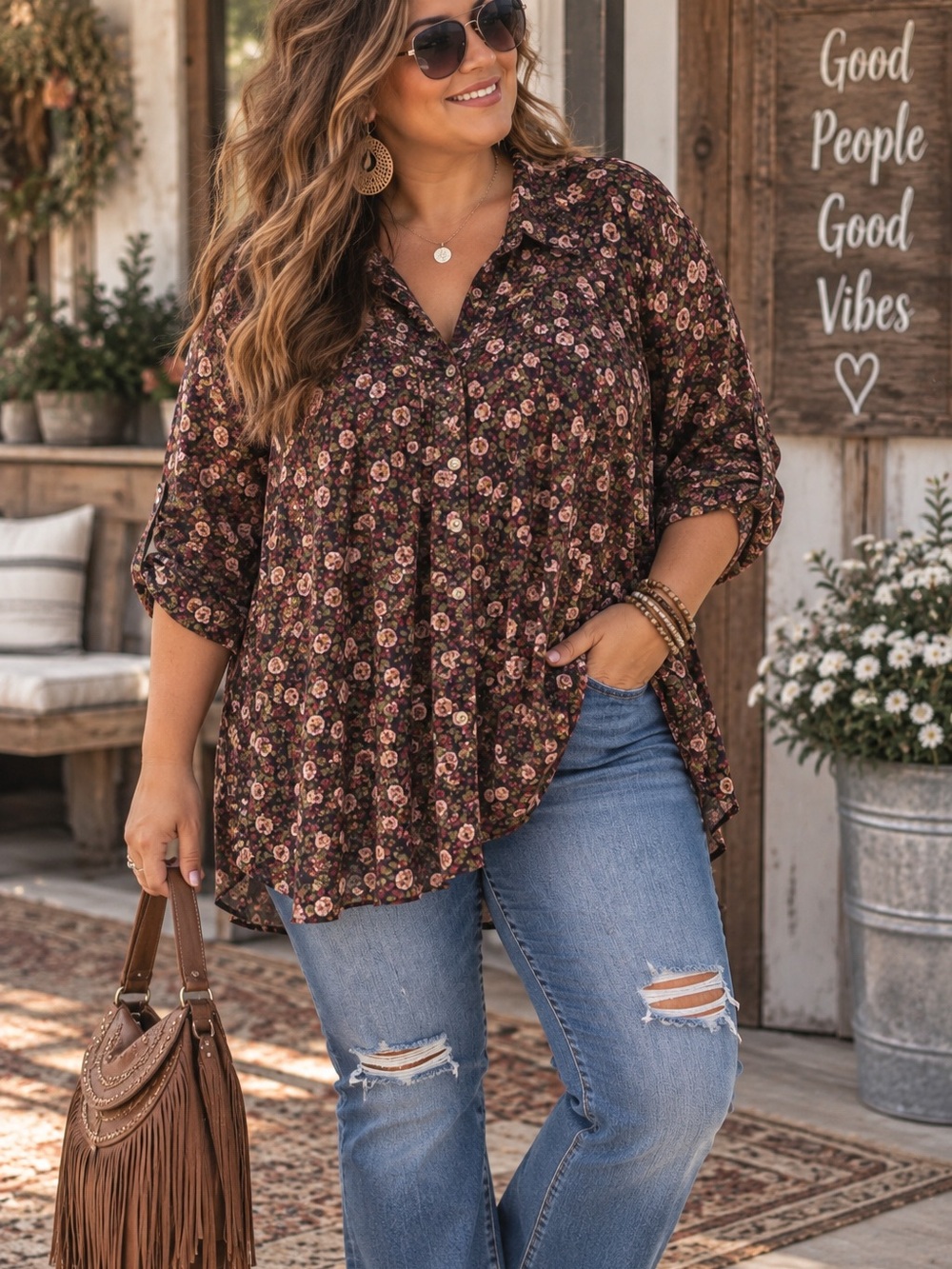 Duluth Trading Co Brown Floral Button-Down Blouse